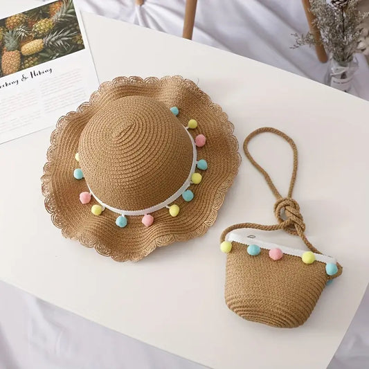 Kids Pom Pom Straw Hat & Matching Bag