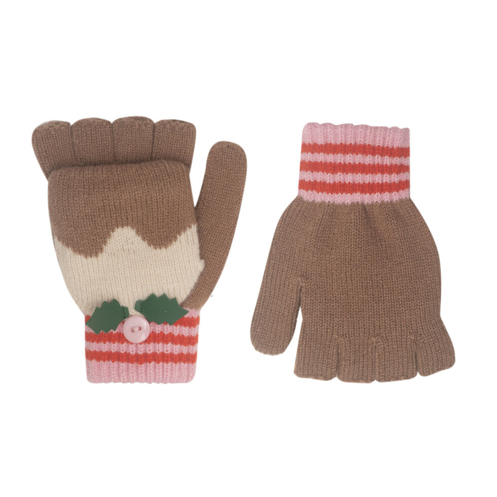 Christmas Pudding Knitted Gloves 7-10 Years