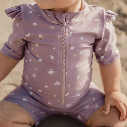 LITTLE DUTCH Swimsuit Short Sleeve Ruffles - Mauve Blossom